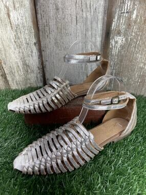 Seychelles Trinket Sandals Pewter Woven Leather Huarache Ankle Wrap Women's 9
